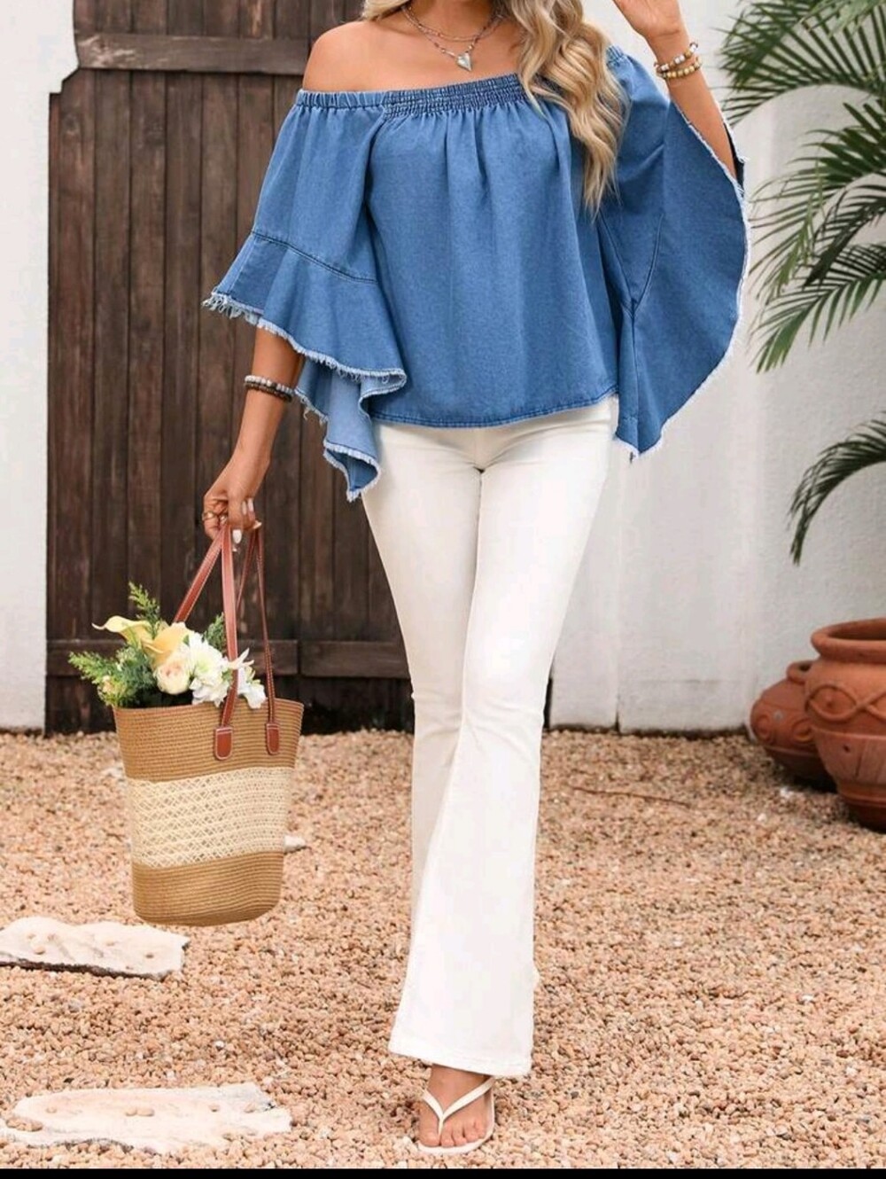 Off-Shoulder Denim Blue Ruffle Sleeve Top - Picture 3 of 3